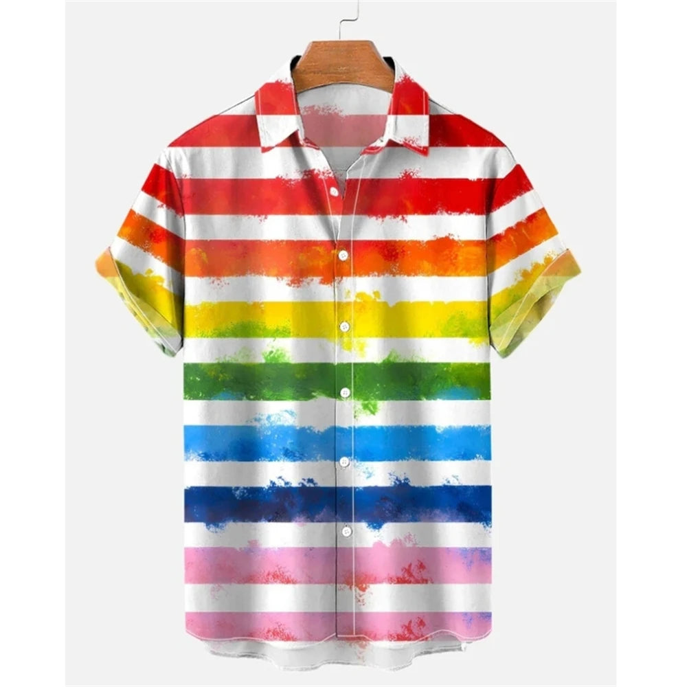 Summer Oversized Romantic Men'S Shirt Rainbow Pattern Fashion Short Sleeve Print Top Simple High Quality Street Loose Hawaiian