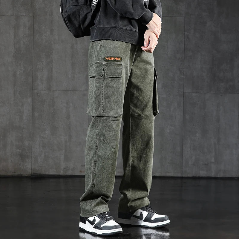 New Men's Loose Cargo Jeans Outdoor Paratrooper Straight Pants Fashionable Stretch Loose Wide Leg Pants Large Size 4XL 5XL