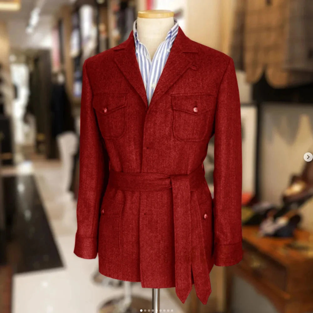 Only jacket 1 PCS Men Coat With Belt Vintage Tweed Hunting Casual Hunting Casual Men's Blazer Single Breasted Stylish