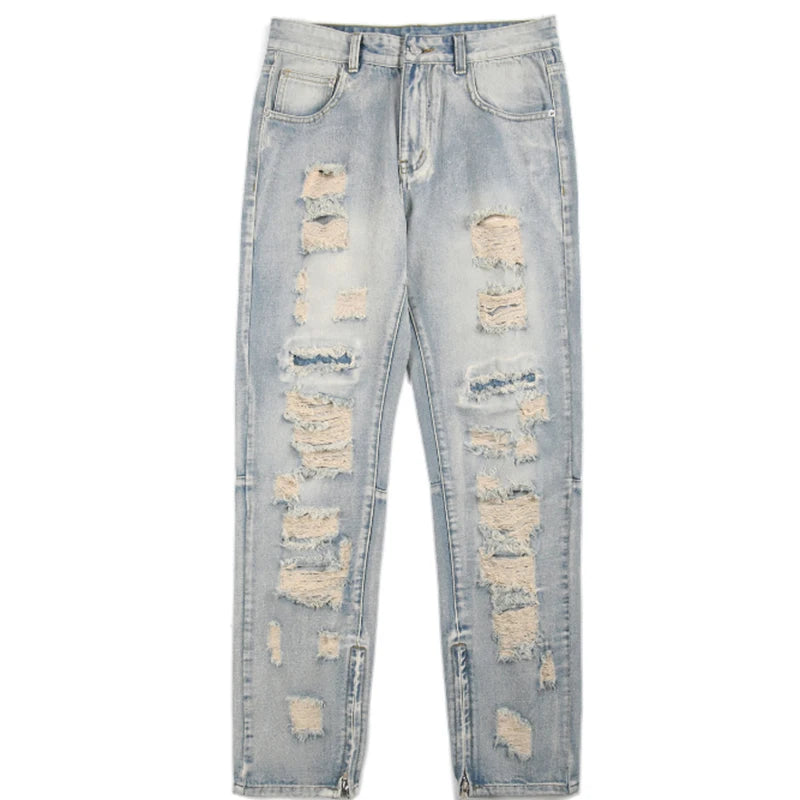 Men Summer Big Ripped Tassel Fashion Jeans Male Breathable Streetwear Baggy Hip Hop Distressed Denim Pants Y2k Goth Trouser