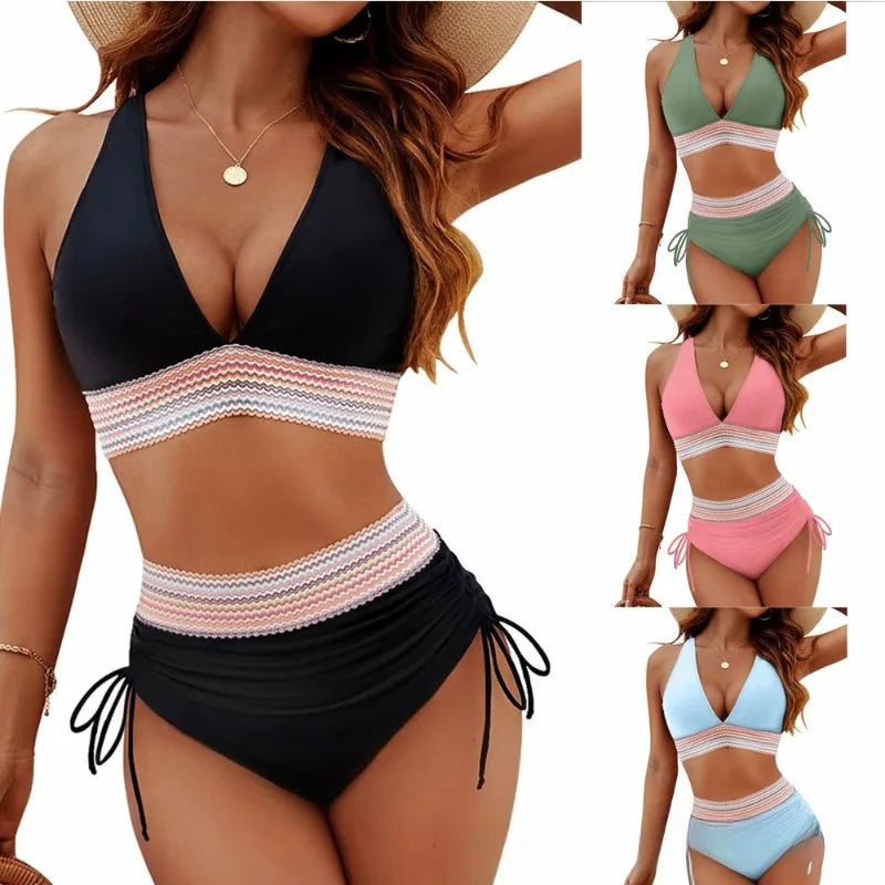 New Fashion Bikini Gathered High-waisted V-neck Strappy Multi-color Bikini Separates Swimsuit Micro Bikini Bathing Suit Women