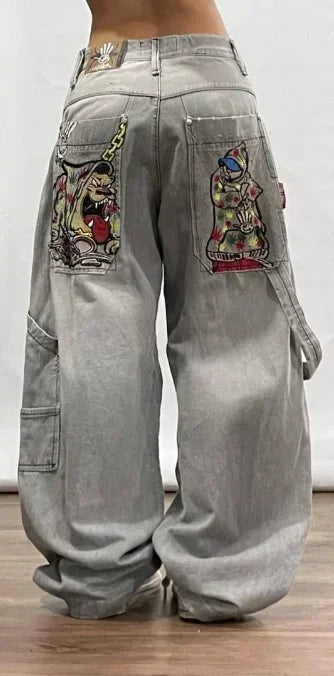 New American Retro Southpole Men Jeans Skull Print Loose Jeans Couple Harajuku Gothic Hip-Hop Straight Wide-Leg Pants