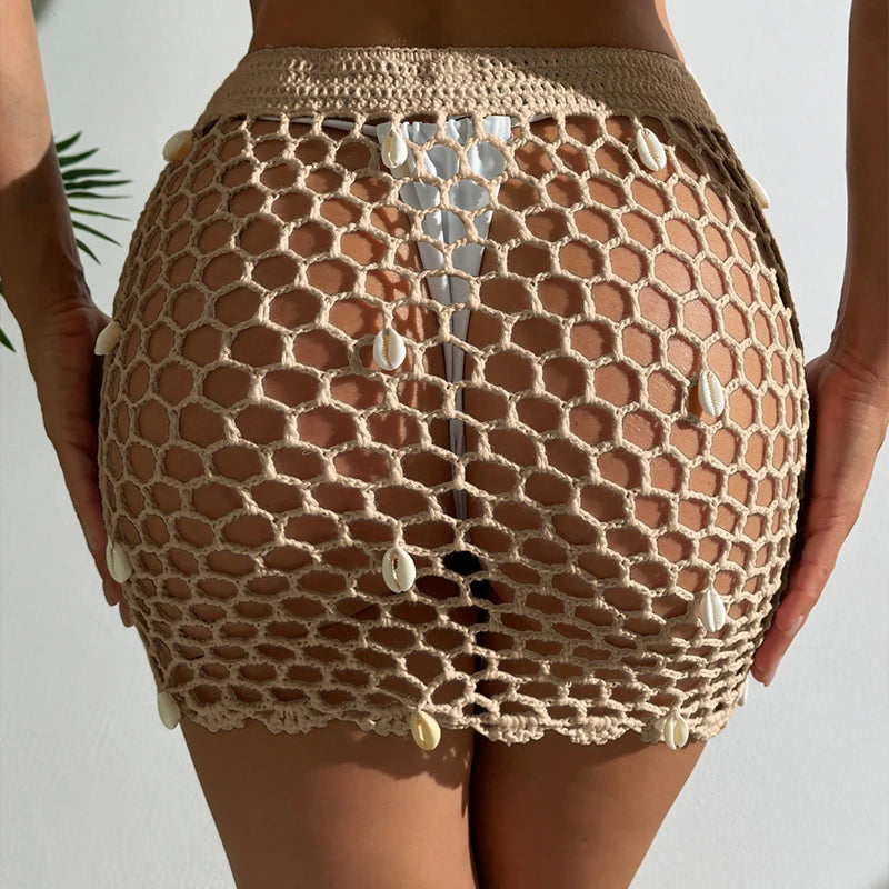 Sexy Style Handmade Crochet Drawstring Bikini Cover-Ups Women Beach Outing Vacation Fashion Hollow Out Skirt With Seashells