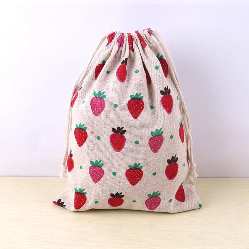 Cotton Linen Fabric Pouch Drawstring Bag Cute Animal Plant Print Kids Travel Cloth Shoes Storage Bag Makeup Case Xmas Gift Bag