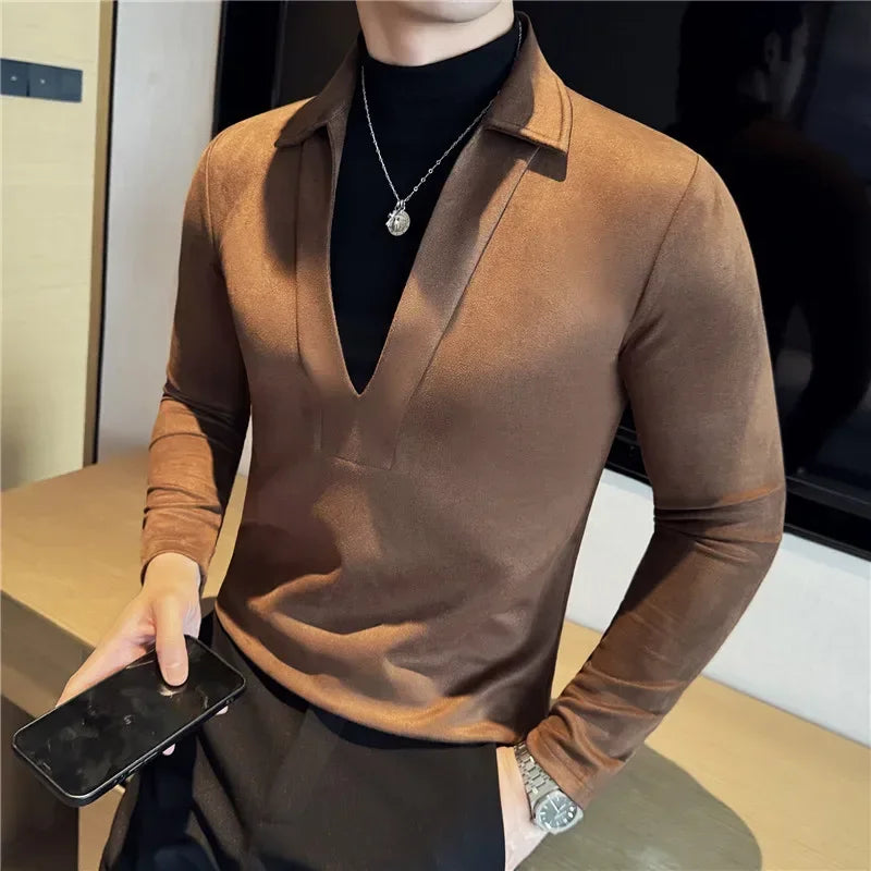 Men Fake Two-piece T-shirt Pullover 2024 British Style Autumn Winter Woolen Warm Thick Turtleneck T-shirt Fashion Men Clothing