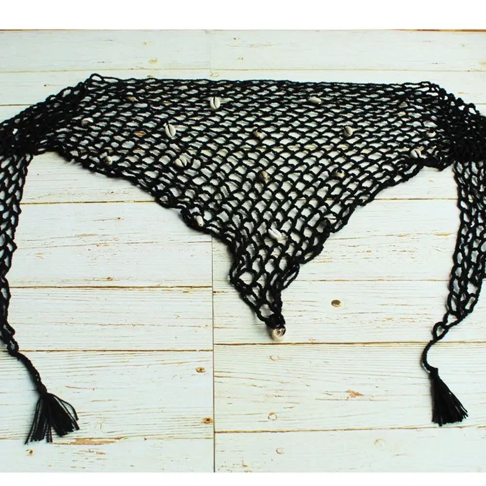 Fishnet Solid Color Shells Swimsuit Skirt Bikini Cover-Up Shawl Summer Beach Cover Up Women's Swimwear Triangle Wrap