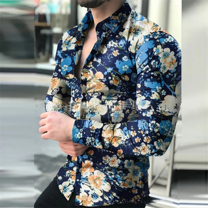 Long sleeved men's Hawaiian shirt beach social 2024 lining high-end men's shirt 3D printed shirt black and white opposition clas