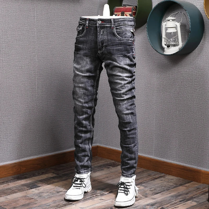 Italian Style Fashion Men Jeans Retro Black Gray Slim Fit Ripped Jean Men Stretch Trousers Vintage Designer Casual Denim Pants
