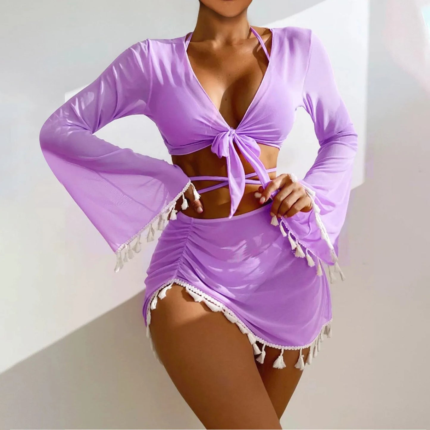 Solid Color Sexy Fashion Slim Fitting Beach Swimwear For Lady Split Lightweight Strap High Waist Pleated Cover-up Four-Piece Set