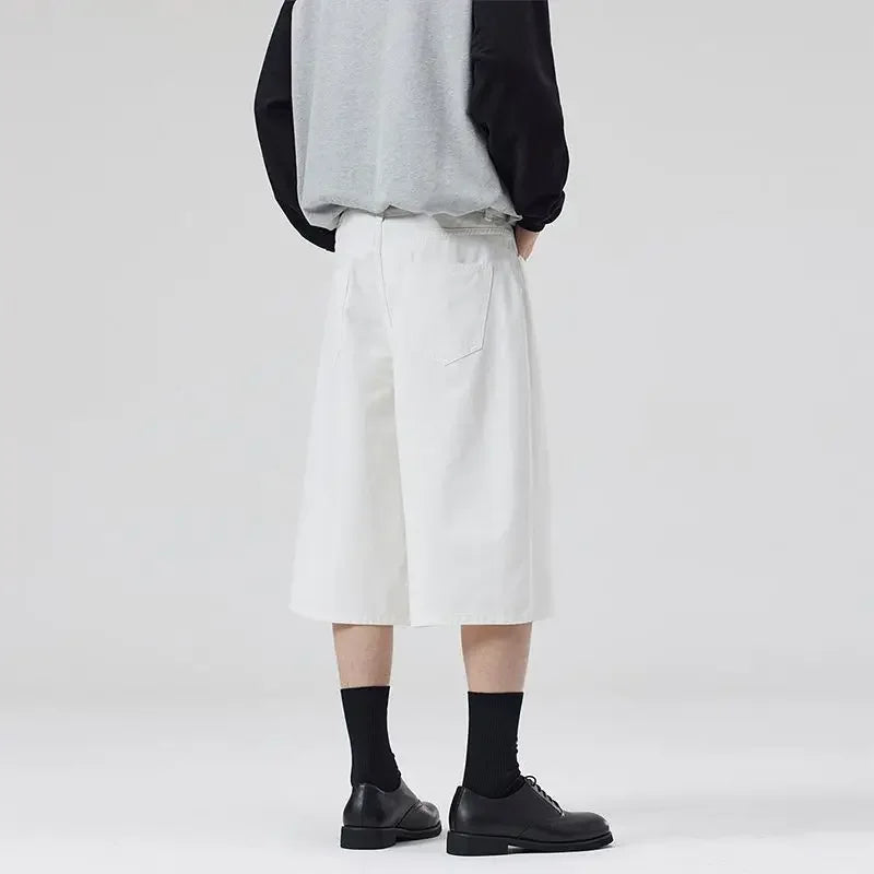 100% Cotton White Jeans Summer Men's Shorts Baggy Wide-leg Casual Calf-length Denim Pants Oversized Loose Fashion Streetwear