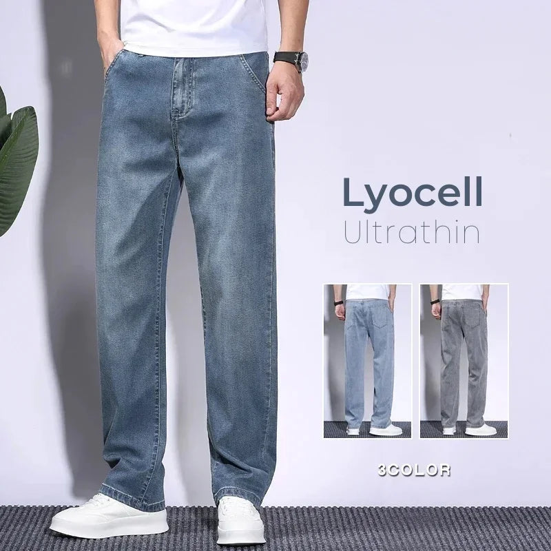 Soft Men's Lyocell Baggy Jeans Thin Summer Breathable Straight Pants Vintage Business Casual Fashion Korea Male Denim Trousers