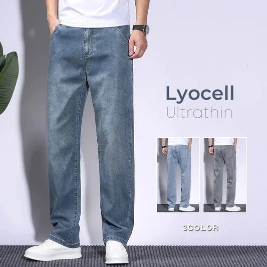 Soft Men's Lyocell Baggy Jeans Thin Summer Breathable Straight Pants Vintage Business Casual Fashion Korea Male Denim Trousers