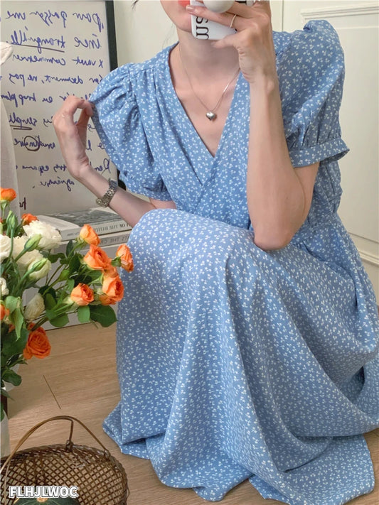 Chic Korean Clothes Design Summer Womens Short Sleeve V Neck Elegant Lady Floral Printed Lace-Up Cute Retro Vintage Long Dress