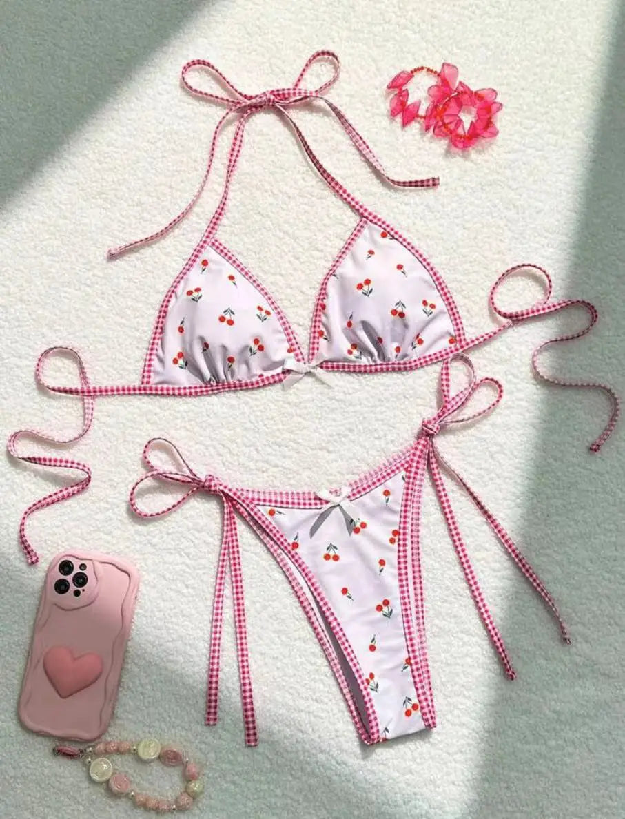 Sexy women cute cherry print halter string micro bikini sets two pieces swimsuit Swimwear bathing suit beach outfits biquini