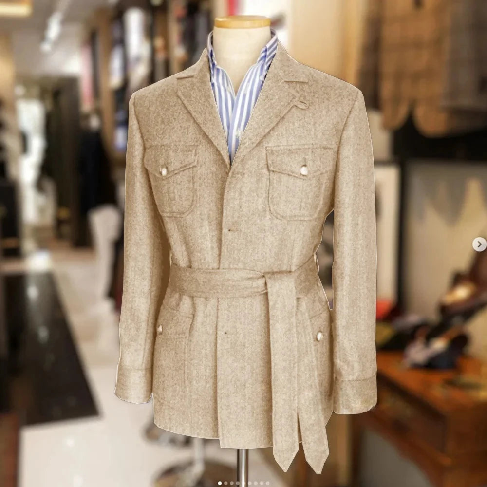 Only jacket 1 PCS Men Coat With Belt Vintage Tweed Hunting Casual Hunting Casual Men's Blazer Single Breasted Stylish