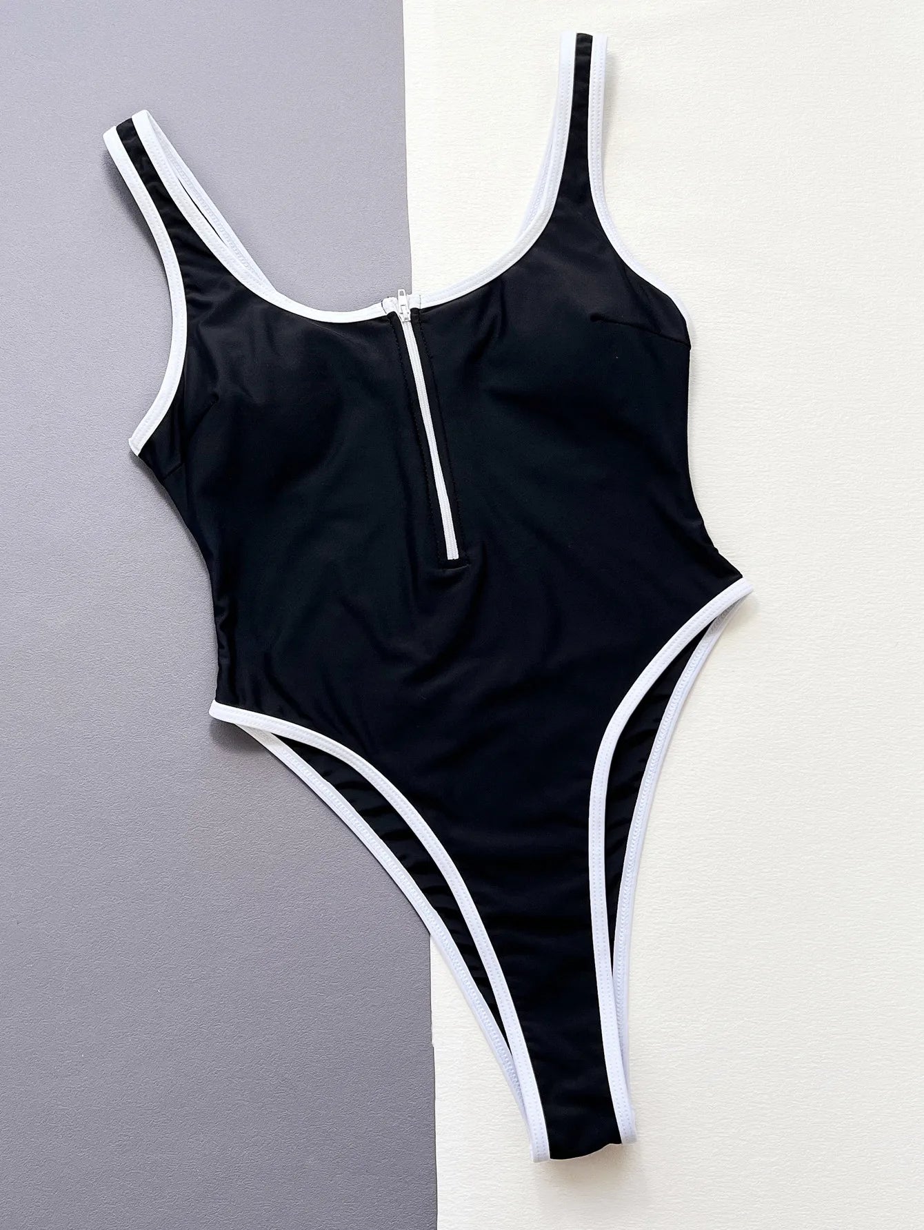 sexy zipper black white patchwork swimsuit one piece thong Bikinis Swimwear Swimsuits beach outfits bodysuit biquini tankini