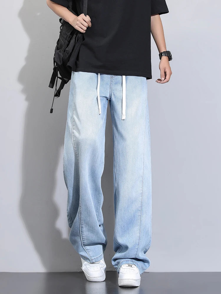 Summer Lyocell Jeans Men Korean Fashion Wide Leg Straight Denim Pants Light and Thin Cool Baggy Jeans Trousers
