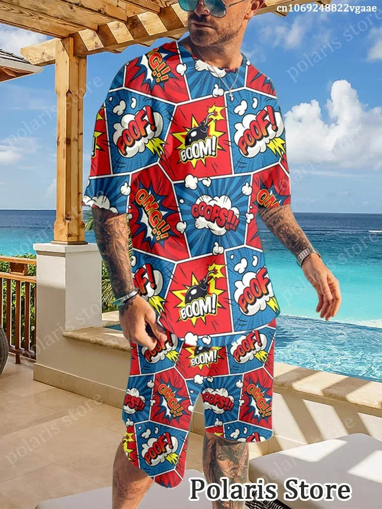 Summer Graffiti Sportswear Men's Fun T-shirt Set Manga Illustrations Loose Clothing Hip Hop Sportswear Two Piece Set Uniform Lig