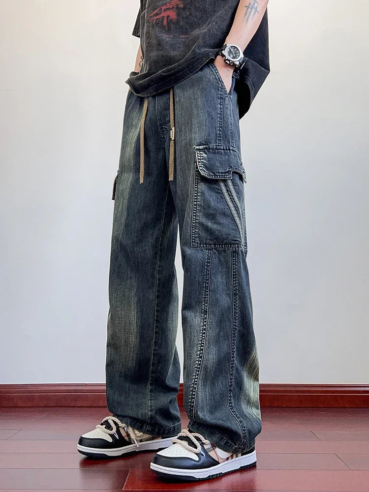 Summer men's jeans with flip pockets  thin and lightweight denim work pants  large size wide leg loose jeans  straight leg pants