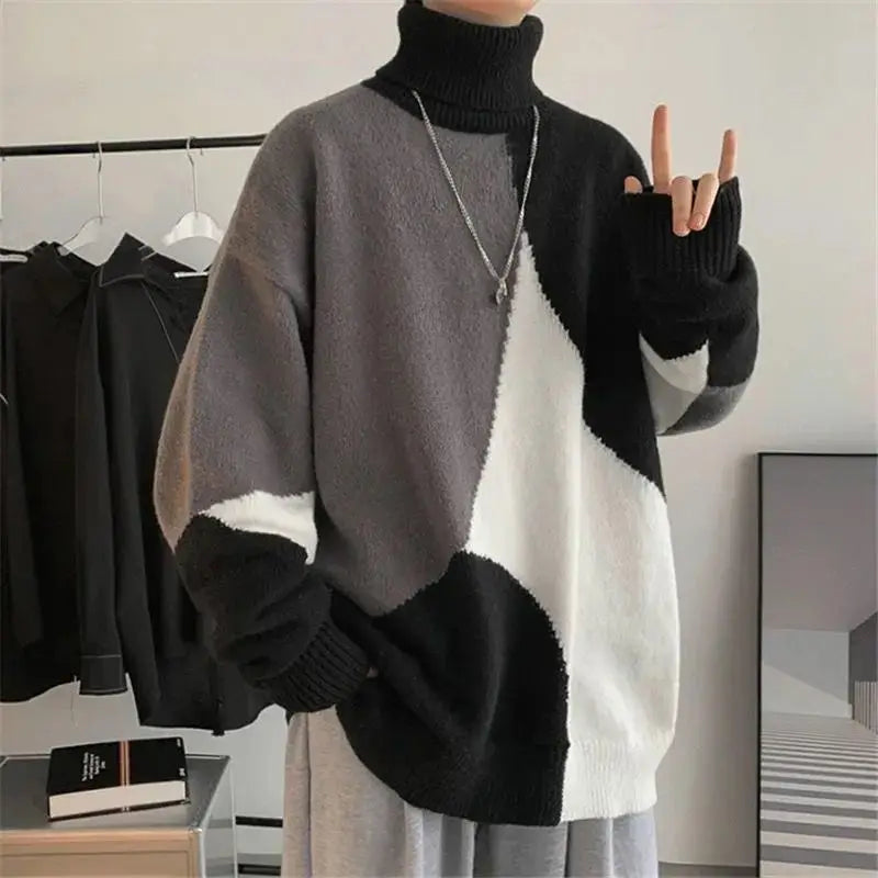 Knitted Turtleneck Warm Sweater Men Fashion Autumn Women Patchwork Streetwear Casual Pullovers All-match Loose Bottoming Sweater