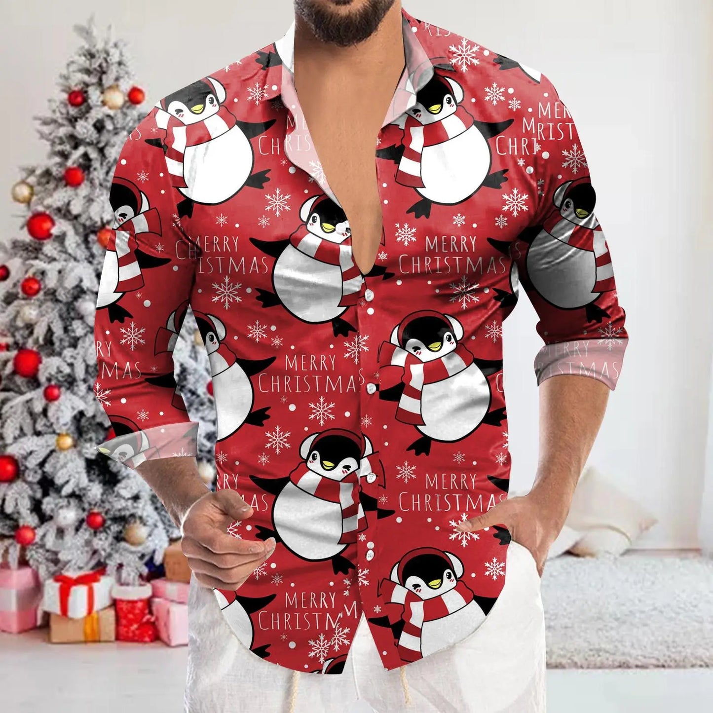 Men's Shirt Merry Christmas Print Long Sleeve Shirt For Men Vacation Party Luxury Y2k Hawaiian Smooth Clothes Streetwear Blouse