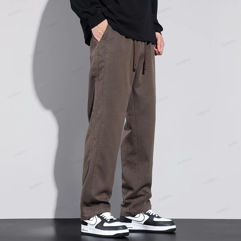 All Seasons Soft Lyocell Fabric Men's Pants Loose Straight Drawstring Elastic Waist Korea Casual Trousers Plus Size M-4XL
