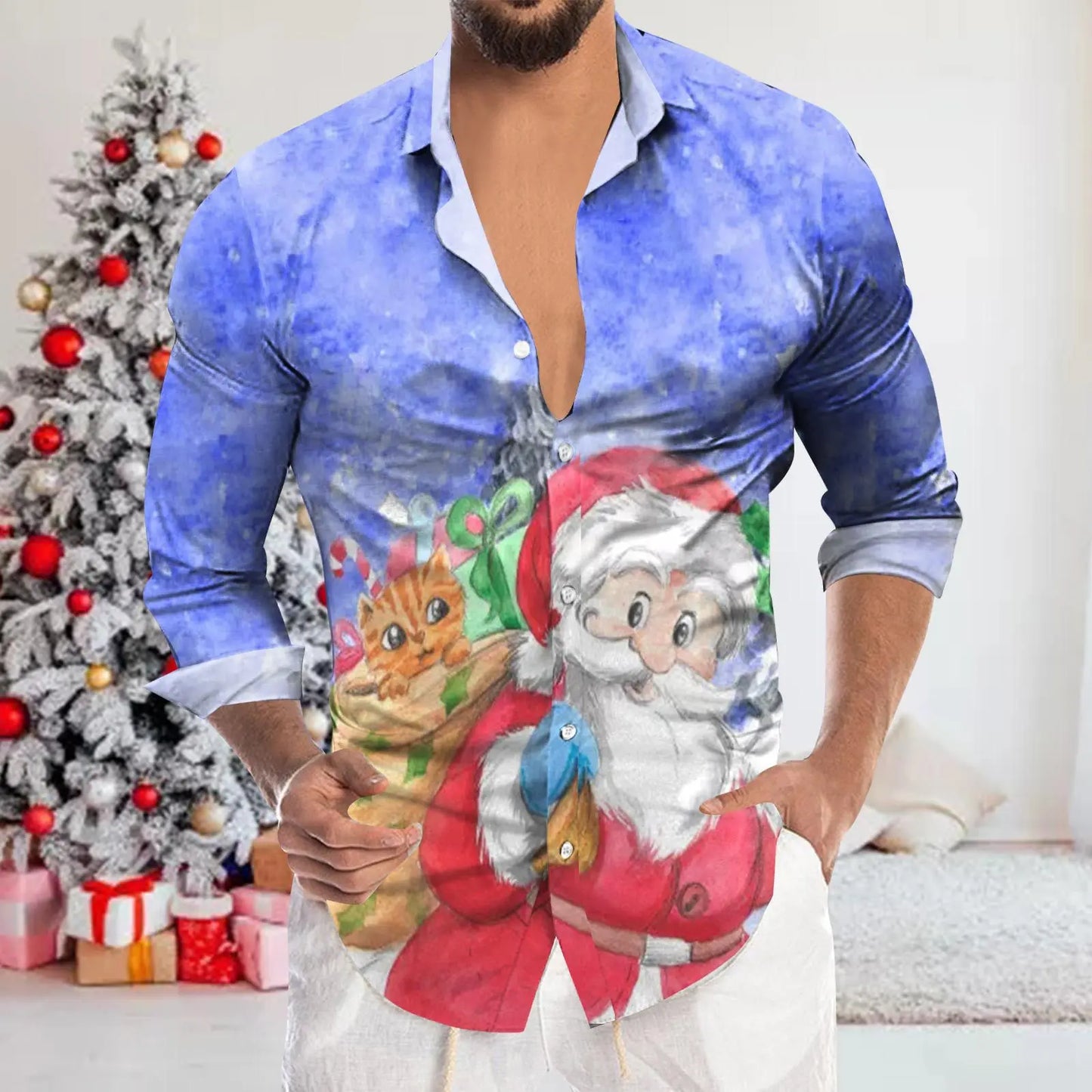 Men's Shirt Merry Christmas Print Long Sleeve Shirt For Men Vacation Party Luxury Y2k Hawaiian Smooth Clothes Streetwear Blouse