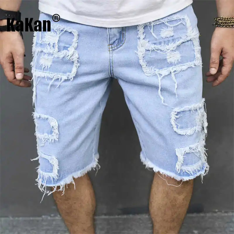 Kakan - New European and American Distressed Tassel Jeans for Men, Blue Casual Shorts and Capris K9-519
