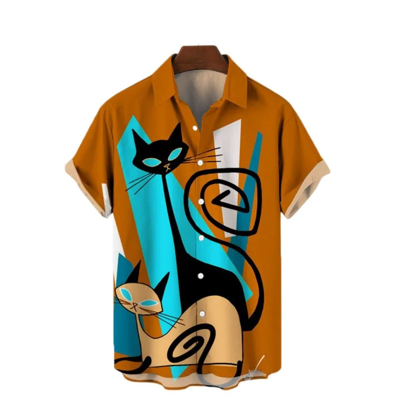 2023 Men's Hawaiian Shirt Cat Printed Short Sleeve Tops Beach Vacation Sunset Harajuku Clothing Casual Unisex Style Shirts