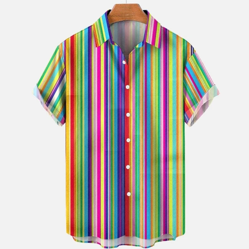 Summer Oversized Romantic Men'S Shirt Rainbow Pattern Fashion Short Sleeve Print Top Simple High Quality Street Loose Hawaiian