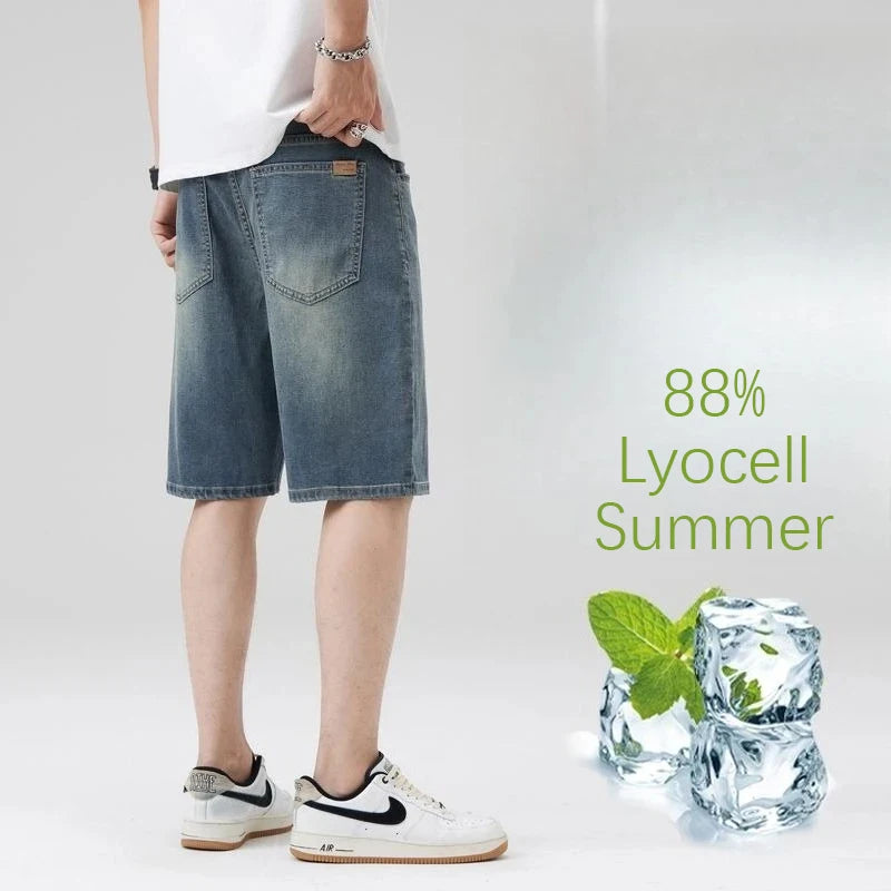 Ultrathin Fashion Straight Jeans Men Summer New Vintage Denim Pants Casual Loose Lyocell Fabric Male Personality Short Baggy