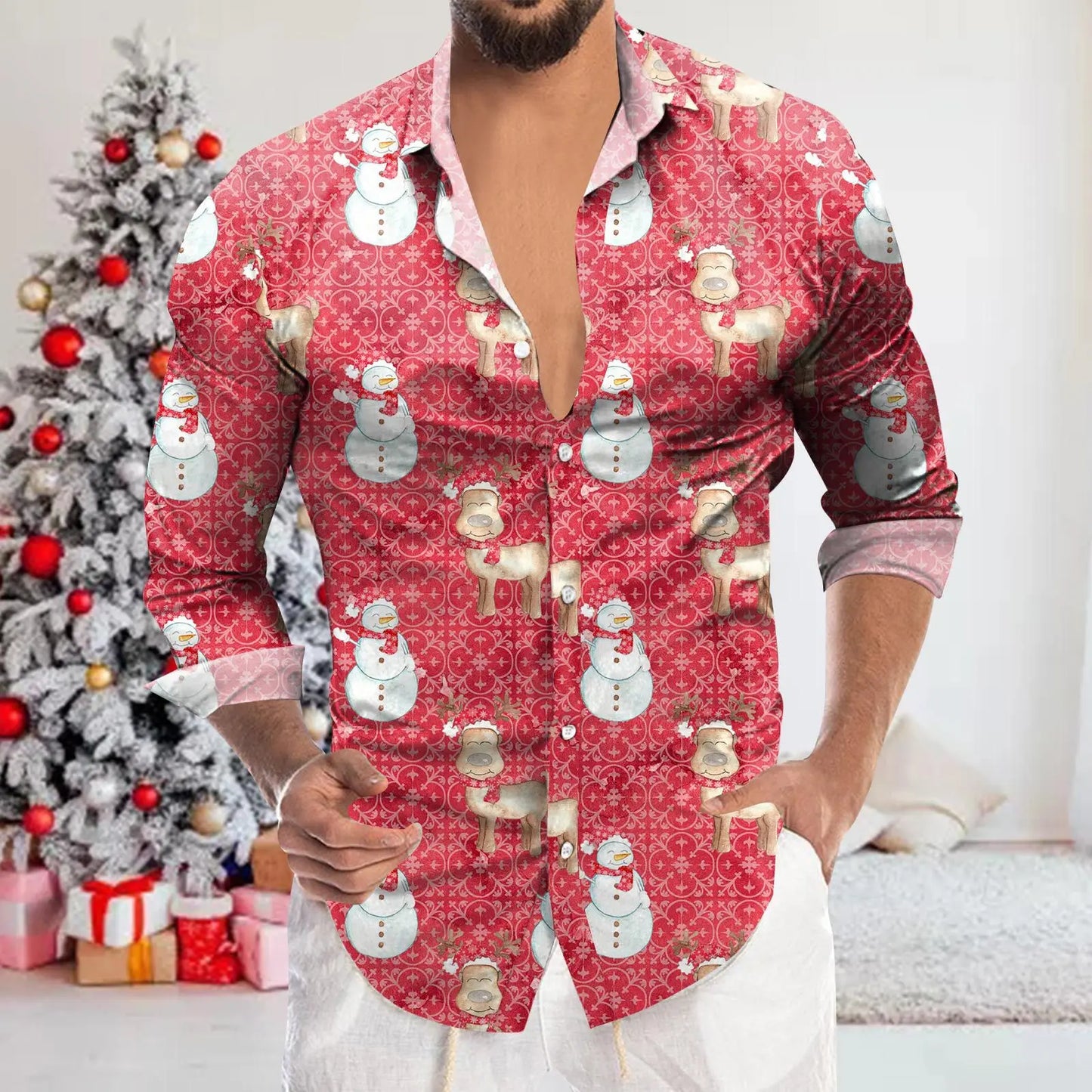 Men's Shirt Merry Christmas Print Long Sleeve Shirt For Men Vacation Party Luxury Y2k Hawaiian Smooth Clothes Streetwear Blouse