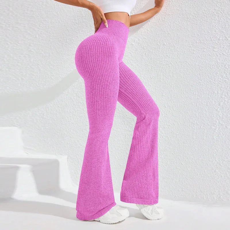 Seamless High Waist Yoga Flared Pants Textured Ribbed Design Tummy Control Fitness Workout Stretchy Bootcut Leggings Comfort