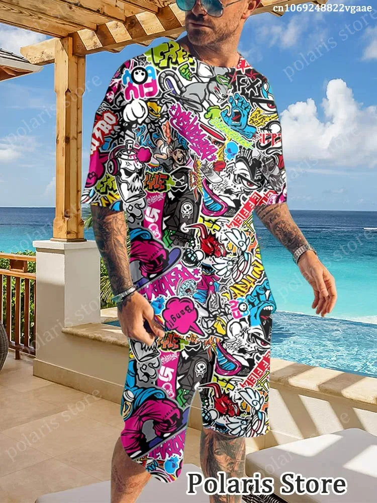 Summer Graffiti Sportswear Men's Fun T-shirt Set Manga Illustrations Loose Clothing Hip Hop Sportswear Two Piece Set Uniform Lig