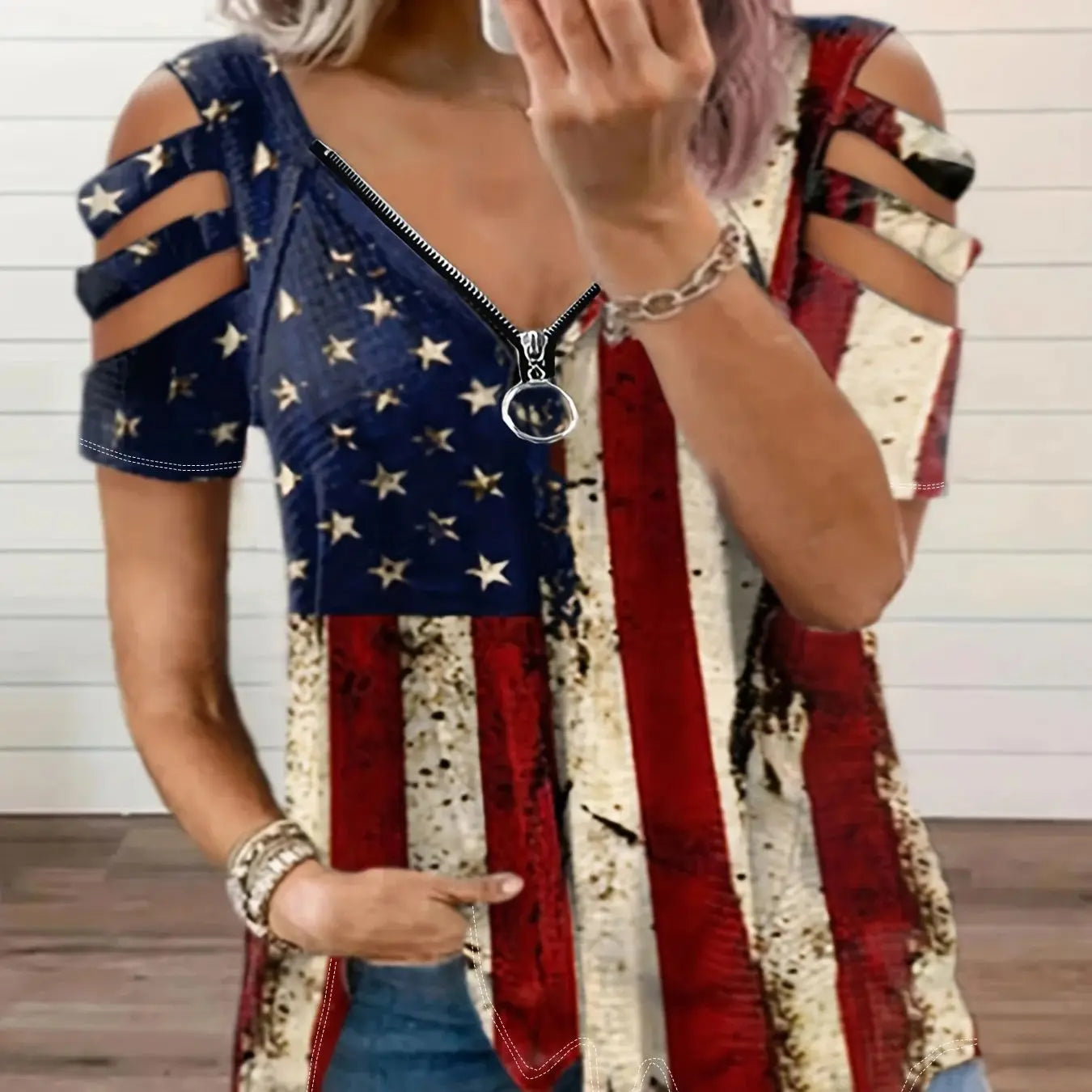 Plus Size Europe and the United States and The United States Cross Border New Women's Printed V-neck Casual T-shirt