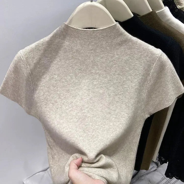 2025 Basic Turtleneck Solid Thin Summer Pullover Women Female Knitted Sweater Slim Short Sleeve Bodycon Sweater