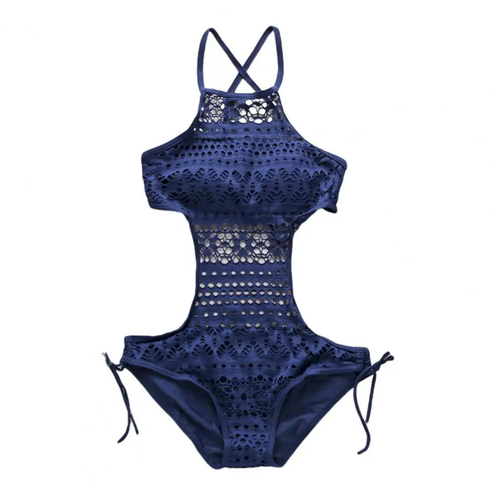 One-piece Swimsuit Halter Sleeveless Backless Monokini Slim Solid Color Criss-Cross Back Hollow Lace Bikini Vacation Swimwear