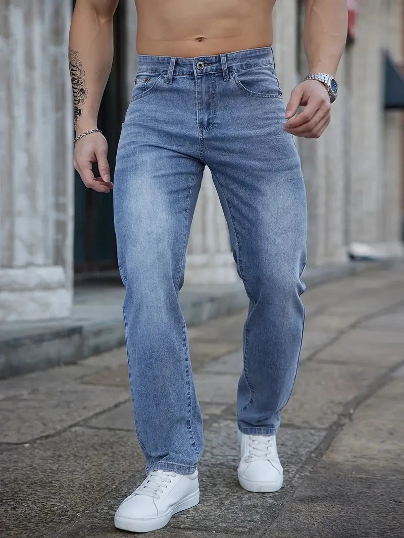 2025 Summer Thin Men's Stretch Baggy Jeans  Elastic Waist Embroidery Business Casual Straight Denim Trousers Classic Style Male