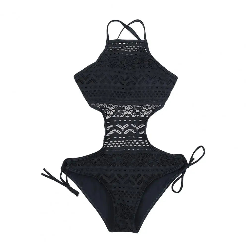 One-piece Swimsuit Halter Sleeveless Backless Monokini Slim Solid Color Criss-Cross Back Hollow Lace Bikini Vacation Swimwear