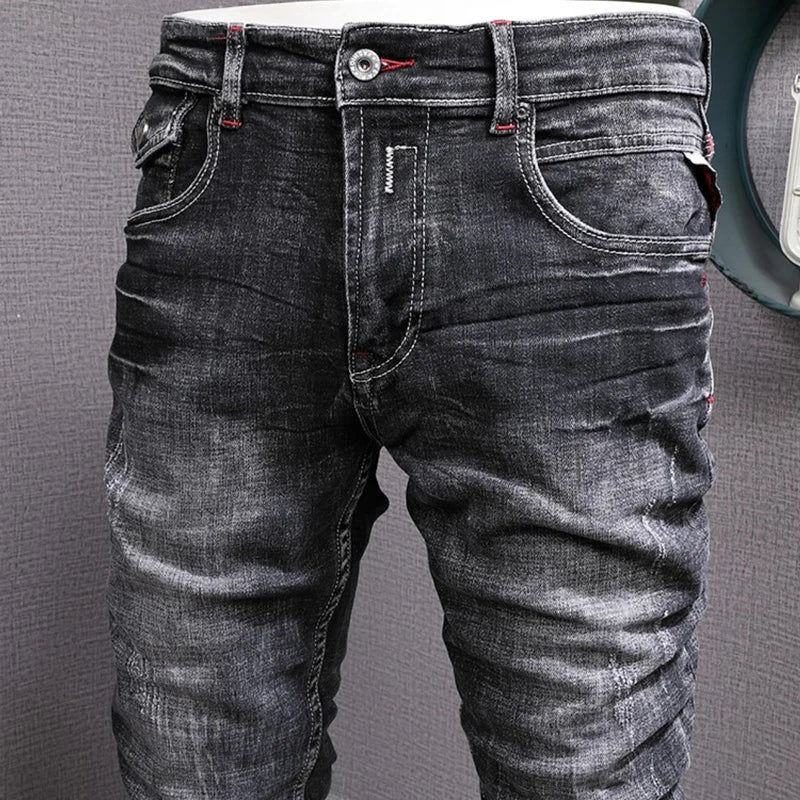 Italian Style Fashion Men Jeans Retro Black Gray Slim Fit Ripped Jean Men Stretch Trousers Vintage Designer Casual Denim Pants