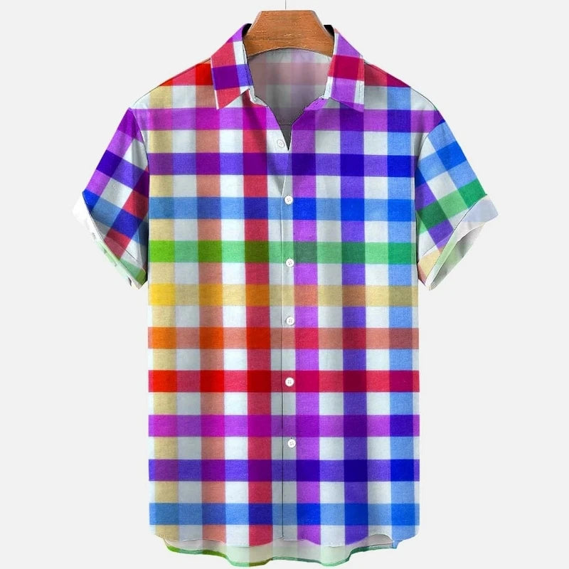 Summer Oversized Romantic Men'S Shirt Rainbow Pattern Fashion Short Sleeve Print Top Simple High Quality Street Loose Hawaiian