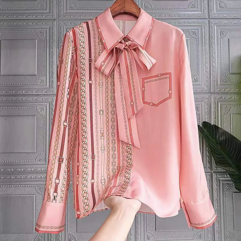 FANIECES Bow Tie Neck Blouse For Women Spring Autumn Long Sleeve Tops Pink Luxury Print Shirt Elegant Fashion Blusa Mujer Moda