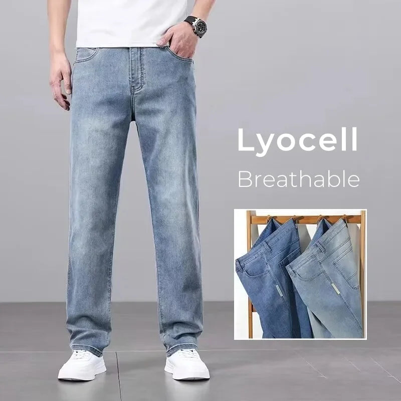 Ultra-thin Baggy Jeans Men's 2024 New Lyocell Soft Fabric Brand Casual Straight Stretch Vintage Denim Trousers Male
