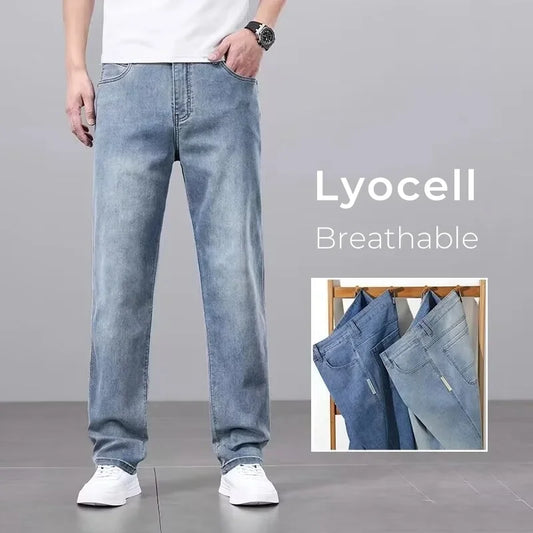 Ultra-thin Baggy Jeans Men's 2024 New Lyocell Soft Fabric Brand Casual Straight Stretch Vintage Denim Trousers Male