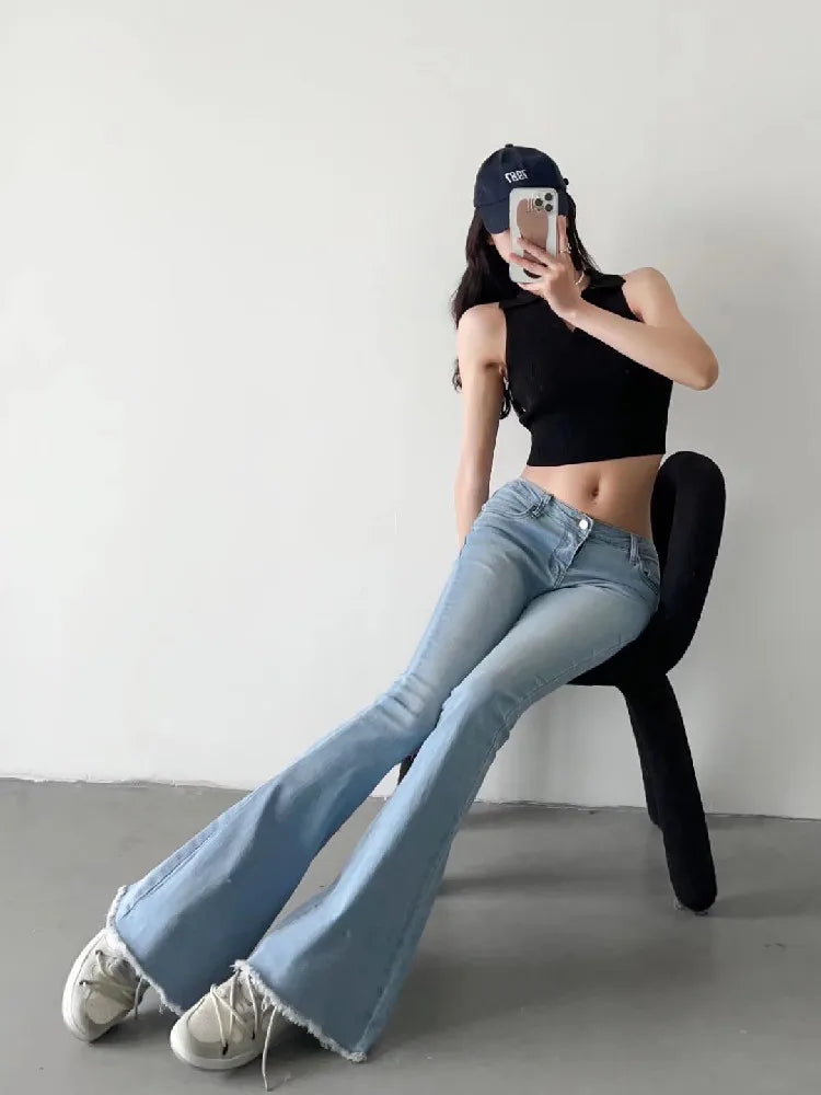 2022 Spring Autumn Sexy Low Waist Floor Length Burr Cuff Flare Jeans Women Vintage Stretch Denim Pants Streetwear Long Trousers