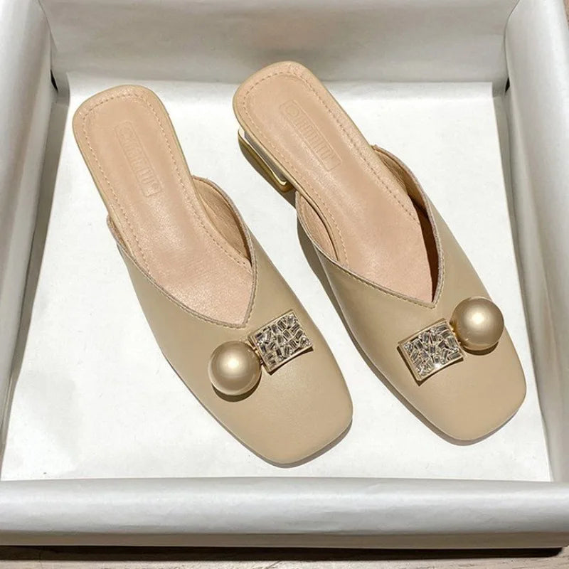 Slides Mules Summer Outside Shoes For Women 2024 Low Heel Woman Slippers Off White Sandals Leather Natural Skin Luxury B Sale W