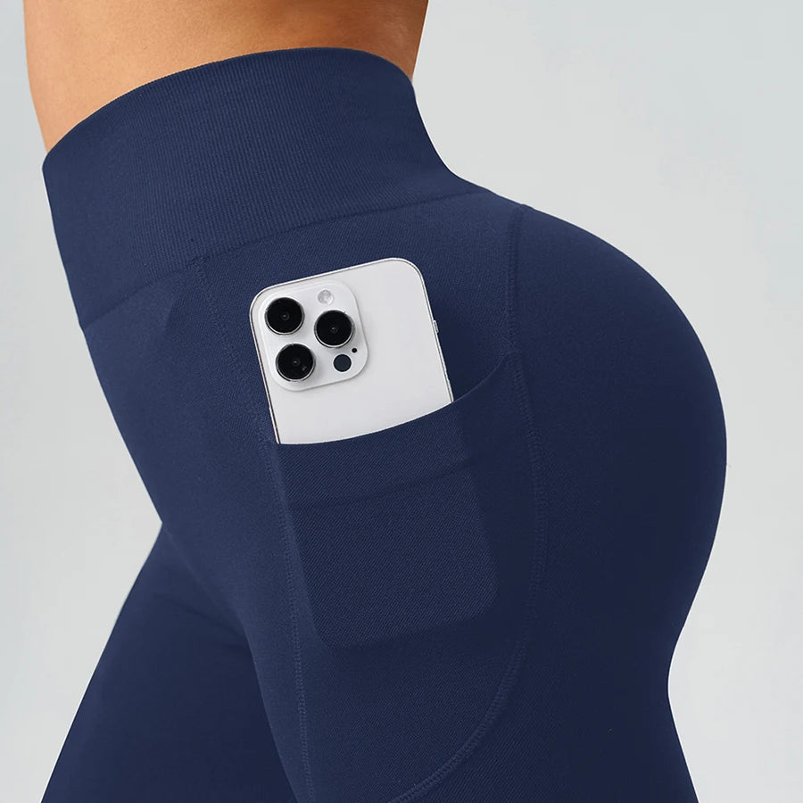 Flared Yoga Pants Women High Waist Bell Bottom Leggings Seamless Trousers w/Pockets Retro Gym Fitness Athleisure Wide Leg Pants