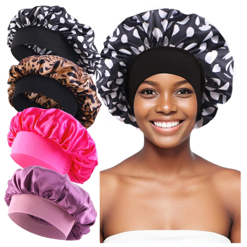 4PCS/LOT Satin Wide Brim Floral Nightcap Bonnet Hair Wrap Night Sleeping Sleep Cap Elastic Soft Band Hair Care Shower Hat