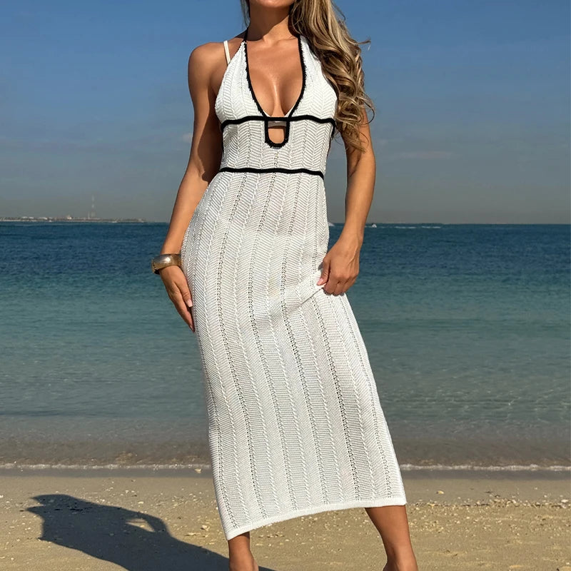 Women's Sexy See-Through Backless Tie Up Long Dress Summer Beach Holiday Swimsuit Cover Up Ladies Knitted Tunic Slip Dress