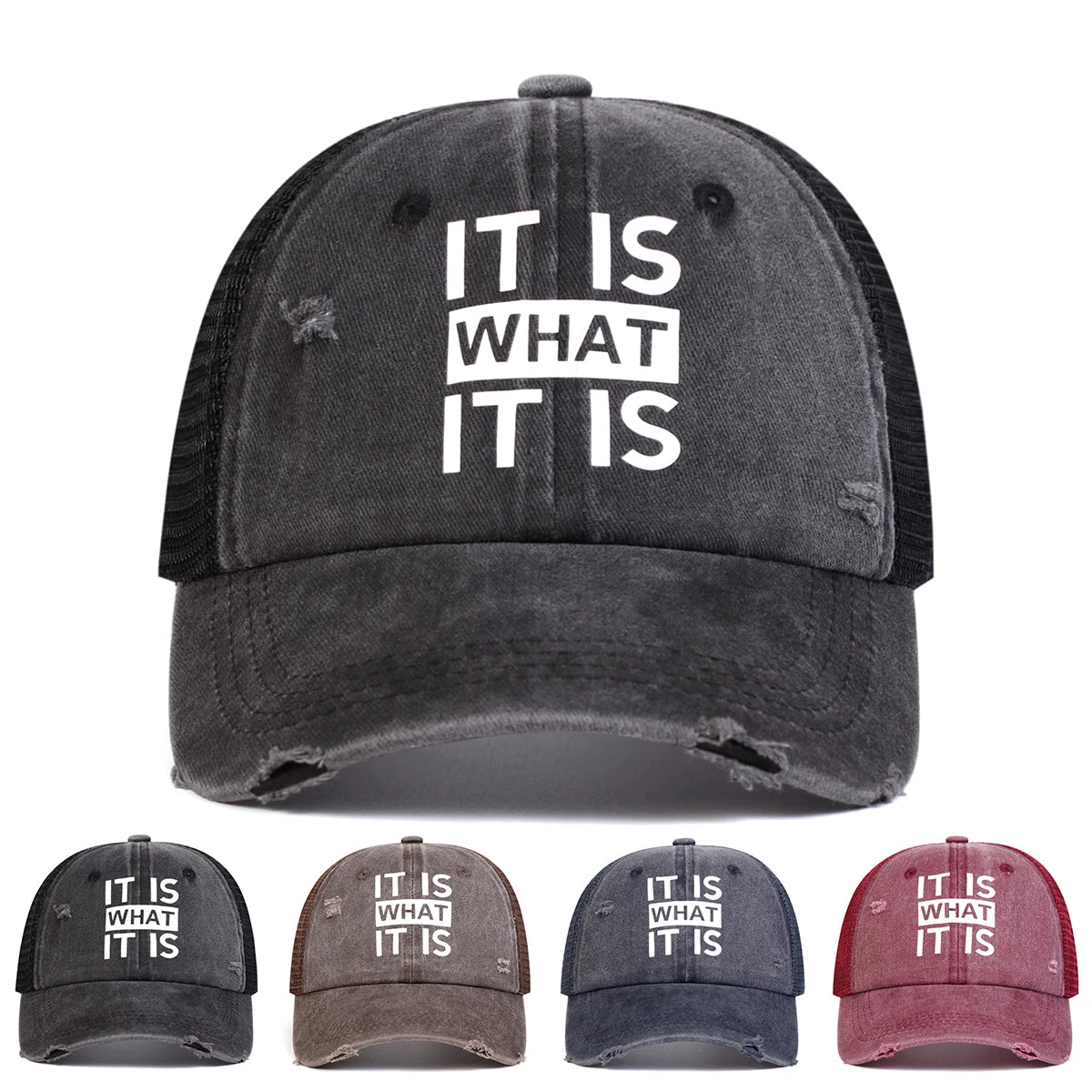 Unisex IT IS WHAT Letter Print Wash Baseball Net Caps Hip Hop Cap Spring Summer Outdoor Adjustable Casual Hats Sunscreen Hat ﻿